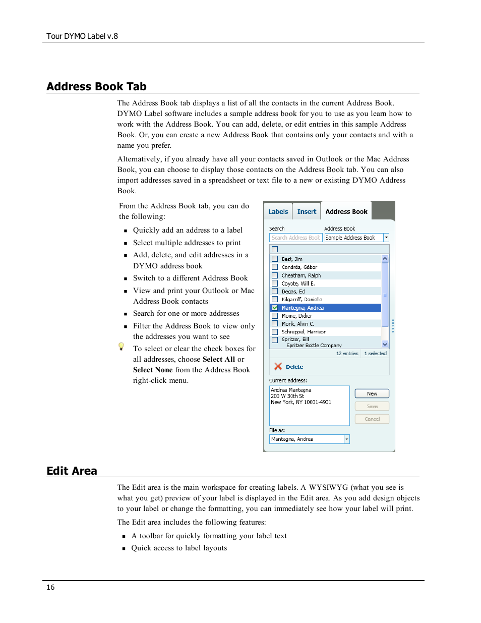 Address book tab, Edit area | Dymo LabelWriter 450 Turbo Software Manual User Manual | Page 24 / 118