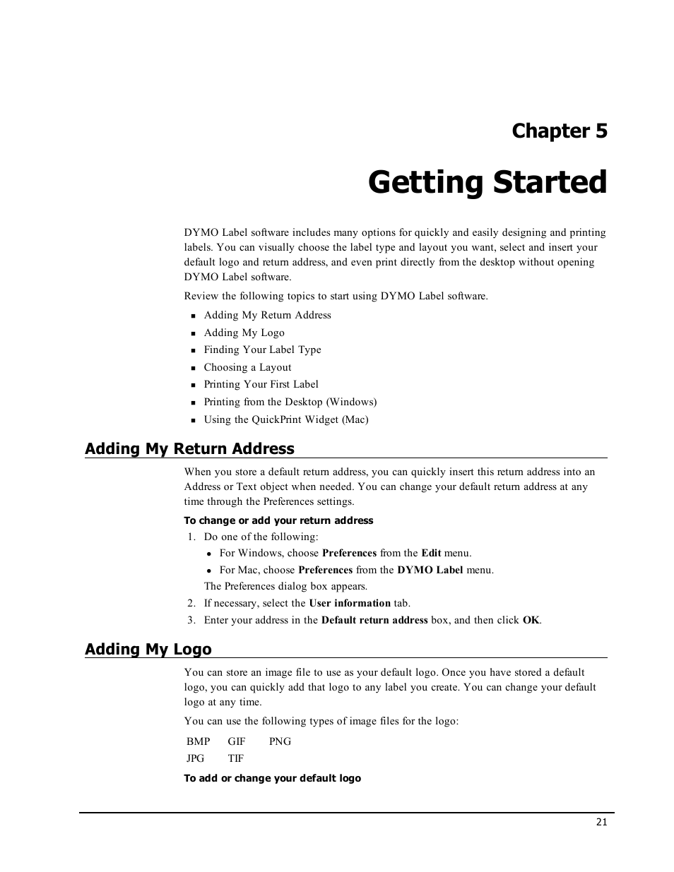 Getting started, Adding my return address, Adding my logo | Chapter 5 | Dymo LabelWriter 450 Turbo Software Manual User Manual | Page 29 / 118