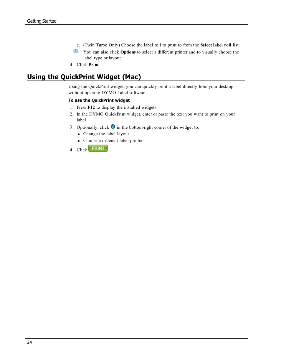 Using the quickprint widget (mac) | Dymo LabelWriter 450 Turbo Software Manual User Manual | Page 32 / 118