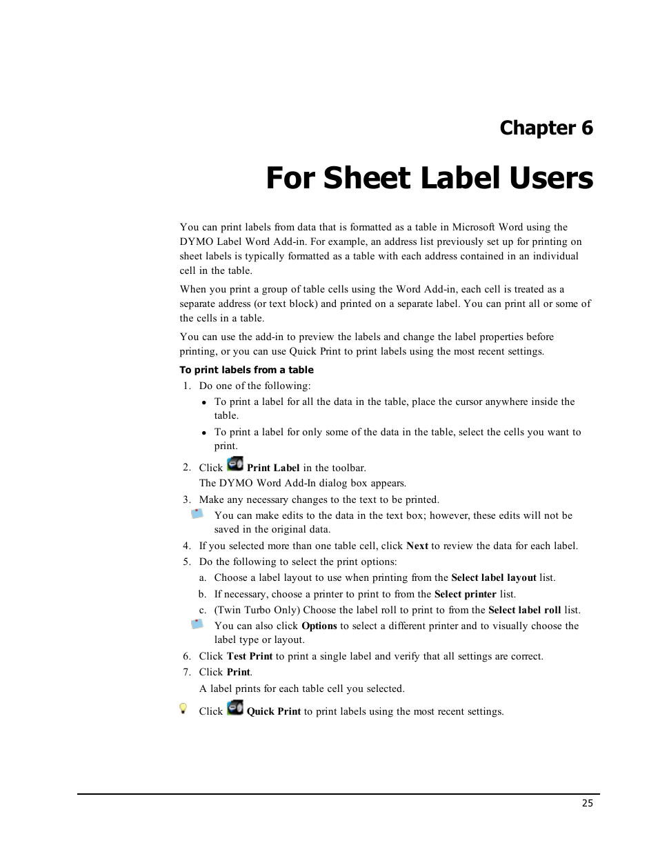 For sheet label users, Chapter 6 | Dymo LabelWriter 450 Turbo Software Manual User Manual | Page 33 / 118