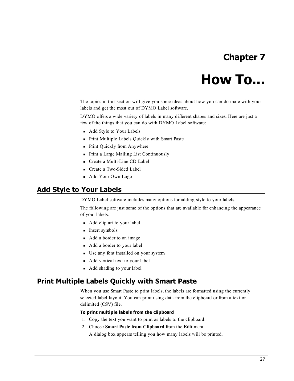 How to, Add style to your labels, Print multiple labels quickly with smart paste | Chapter 7 | Dymo LabelWriter 450 Turbo Software Manual User Manual | Page 35 / 118