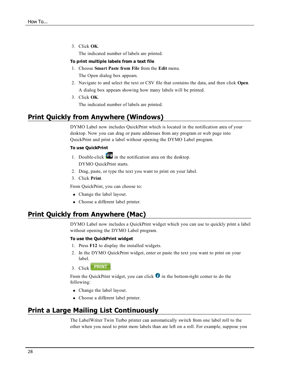 Print quickly from anywhere (windows), Print quickly from anywhere (mac), Print a large mailing list continuously | Print quickly from anywhere | Dymo LabelWriter 450 Turbo Software Manual User Manual | Page 36 / 118