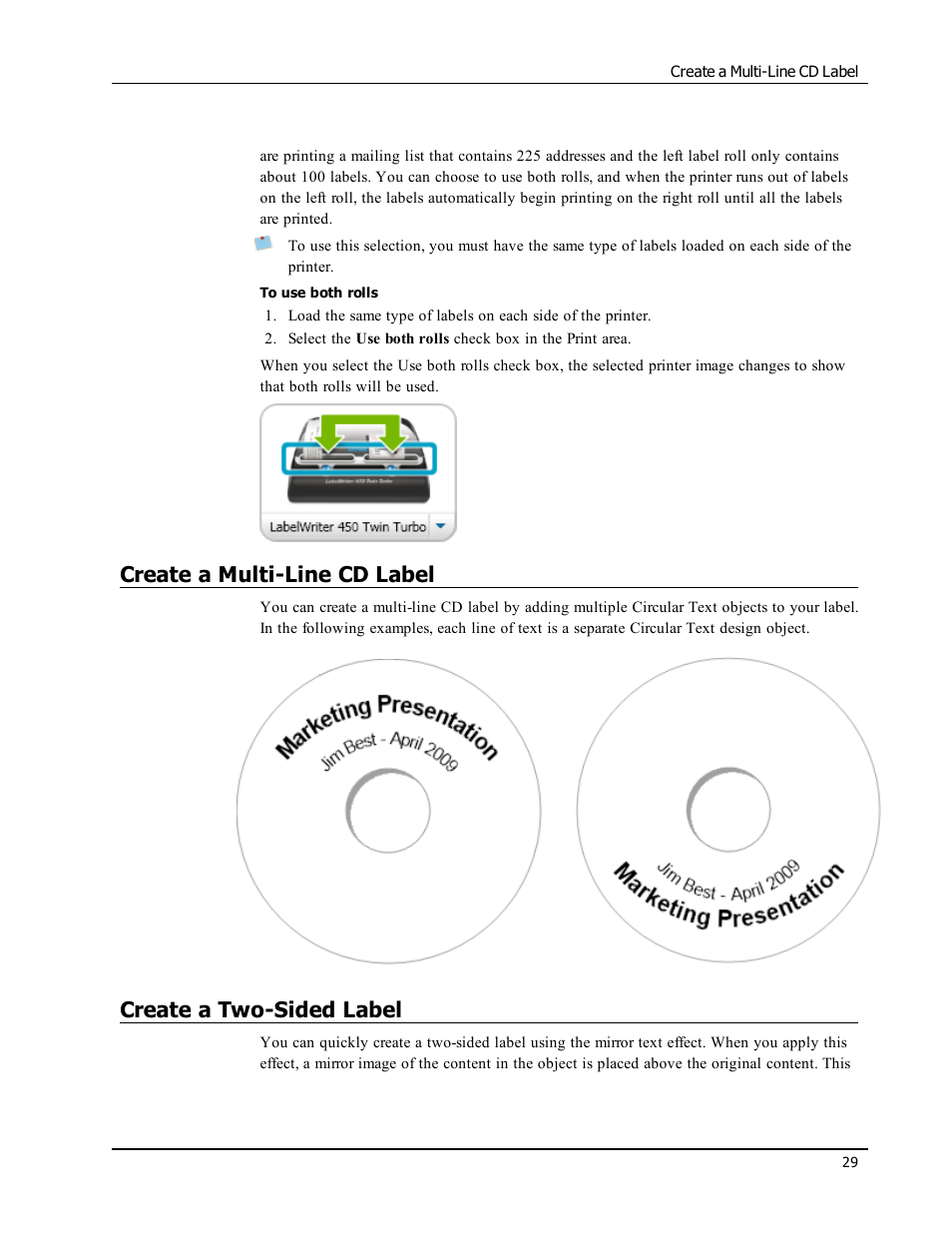 Create a multi-line cd label, Create a two-sided label | Dymo LabelWriter 450 Turbo Software Manual User Manual | Page 37 / 118