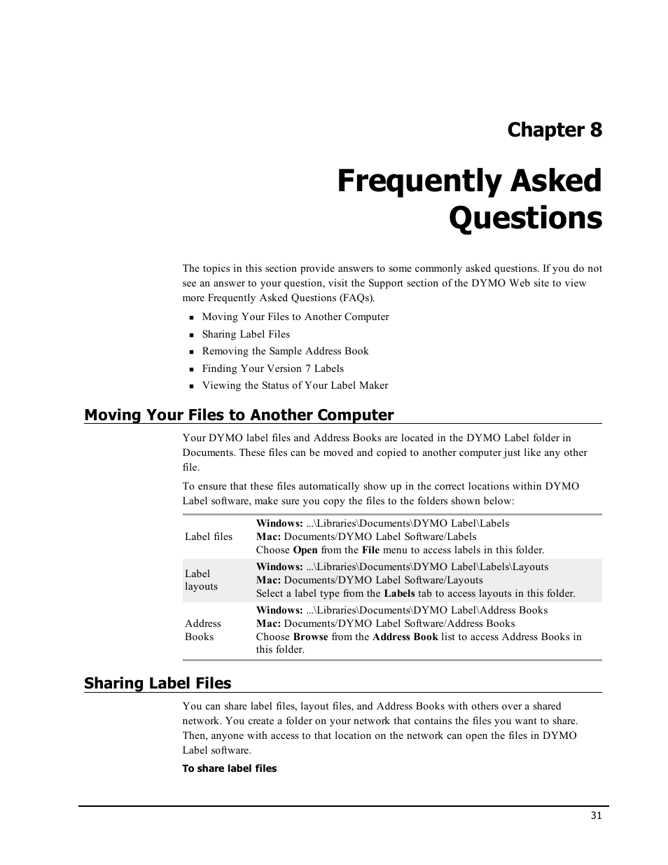 Frequently asked questions, Moving your files to another computer, Sharing label files | Chapter 8 | Dymo LabelWriter 450 Turbo Software Manual User Manual | Page 39 / 118