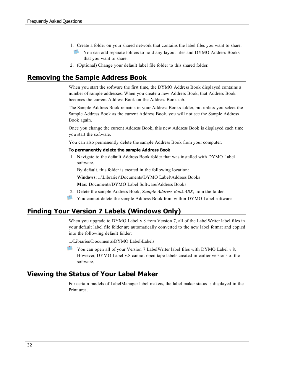 Removing the sample address book, Finding your version 7 labels (windows only), Viewing the status of your label maker | Finding your version 7 labels | Dymo LabelWriter 450 Turbo Software Manual User Manual | Page 40 / 118