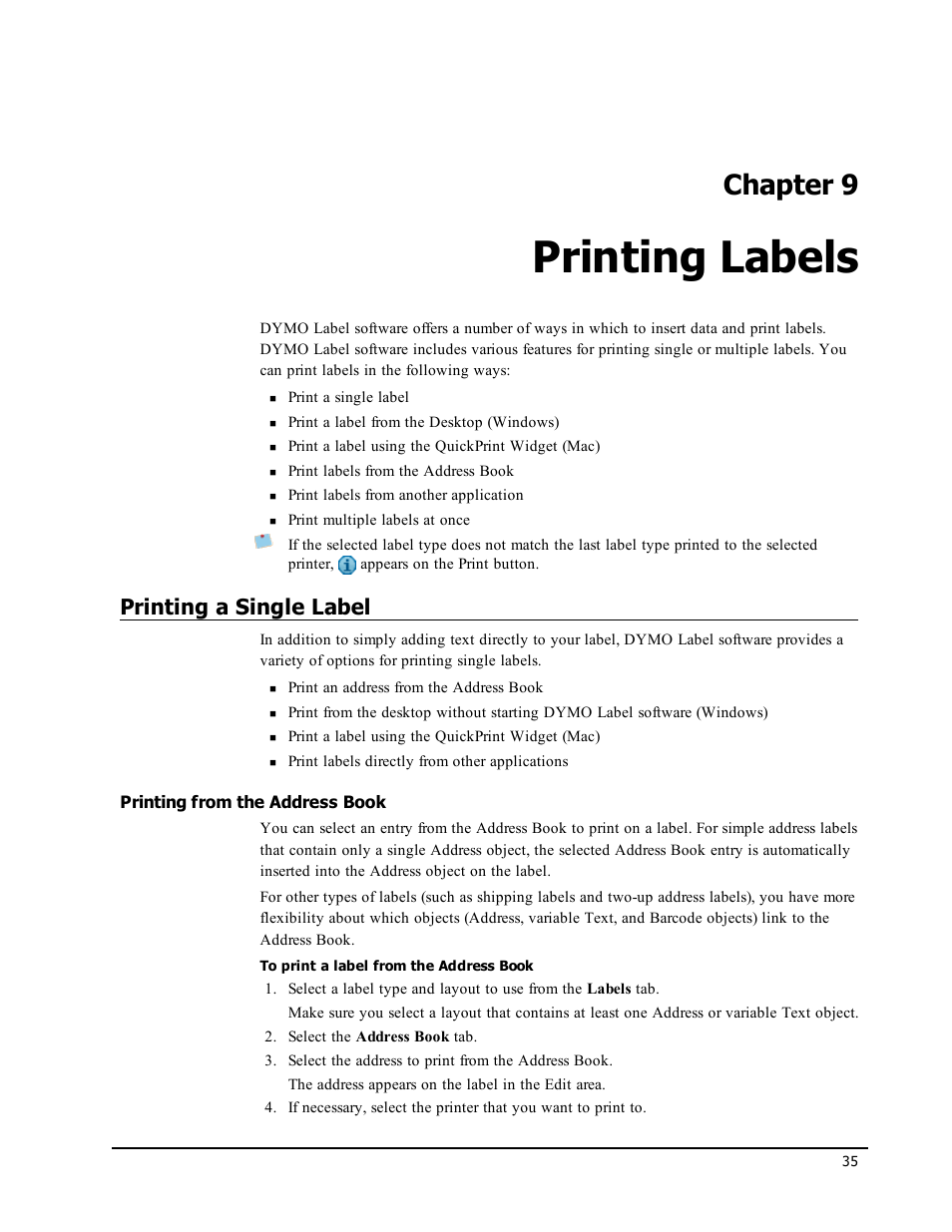 Printing labels, Printing a single label, Printing from the address book | Chapter 9 | Dymo LabelWriter 450 Turbo Software Manual User Manual | Page 43 / 118