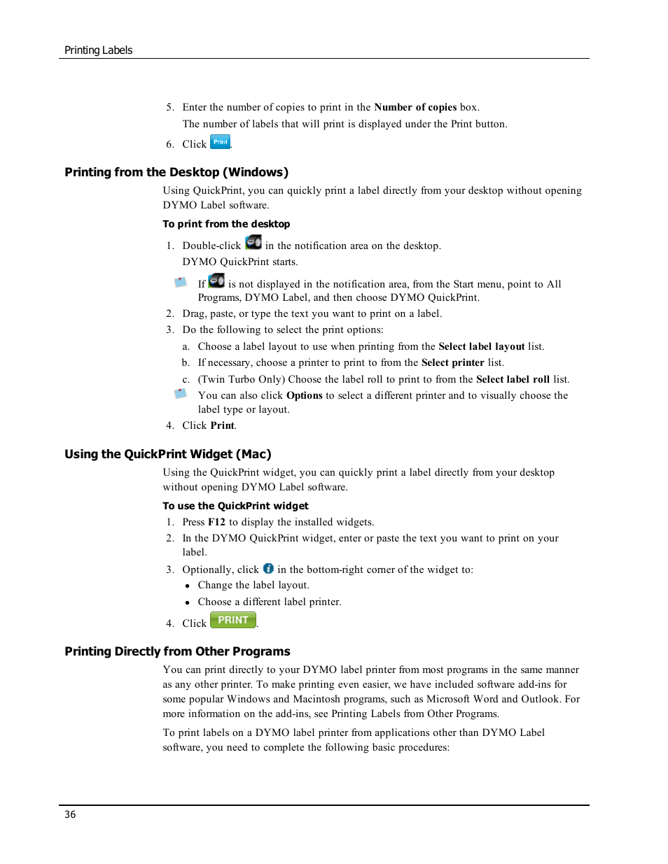 Printing from the desktop (windows), Using the quickprint widget (mac), Printing directly from other programs | Print a label from the desktop (windows), Print a label using the quickprint widget (mac), Print labels from another application, Print labels directly from other applications | Dymo LabelWriter 450 Turbo Software Manual User Manual | Page 44 / 118