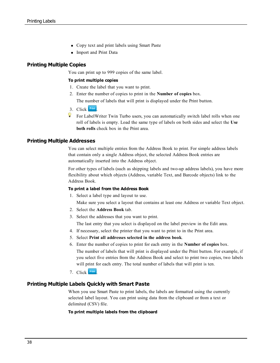 Printing multiple copies, Printing multiple addresses, Printing multiple labels quickly with smart paste | Dymo LabelWriter 450 Turbo Software Manual User Manual | Page 46 / 118