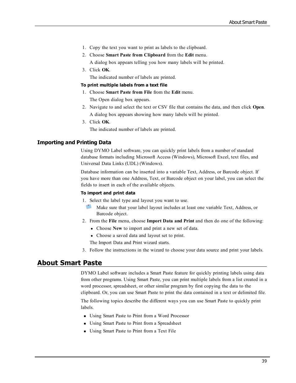 Importing and printing data, About smart paste | Dymo LabelWriter 450 Turbo Software Manual User Manual | Page 47 / 118