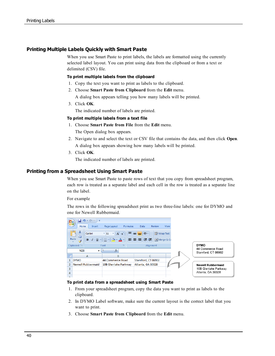 Printing multiple labels quickly with smart paste, Printing from a spreadsheet using smart paste | Dymo LabelWriter 450 Turbo Software Manual User Manual | Page 48 / 118