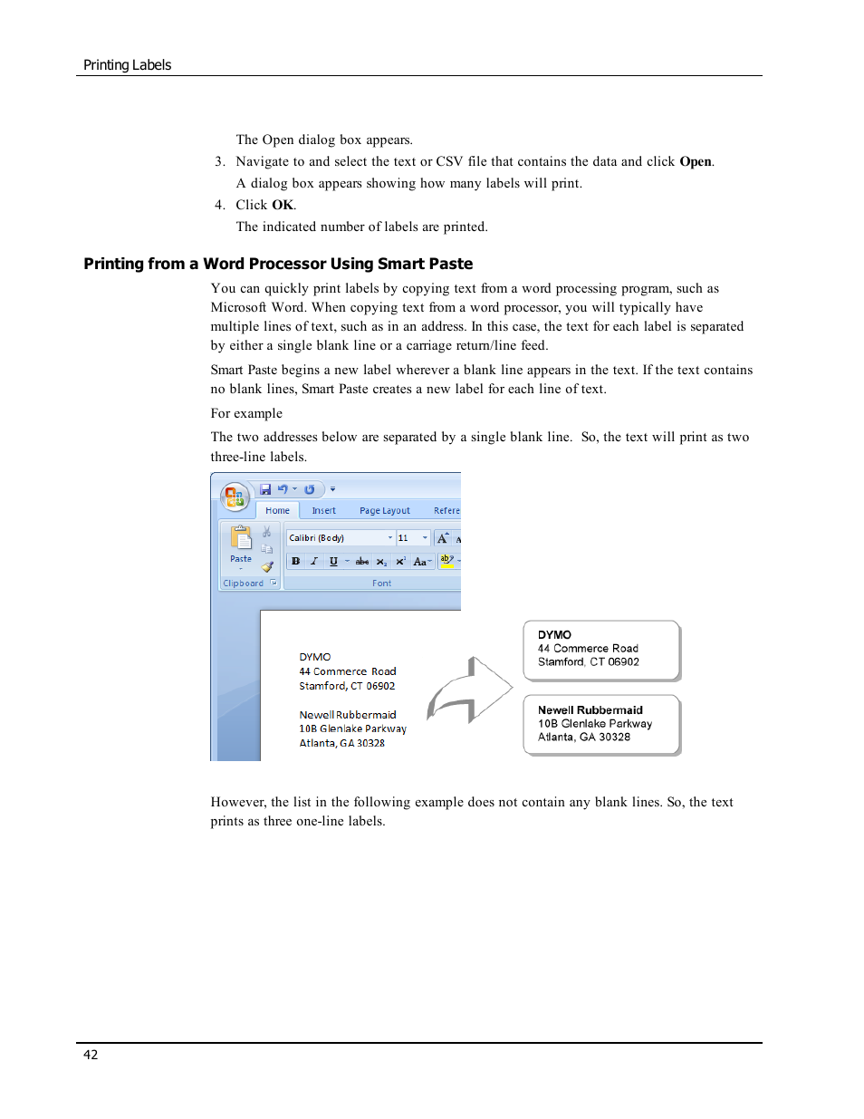 Printing from a word processor using smart paste | Dymo LabelWriter 450 Turbo Software Manual User Manual | Page 50 / 118