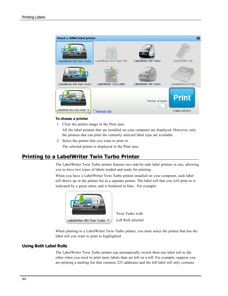 Printing to a labelwriter twin turbo printer, Using both label rolls | Dymo LabelWriter 450 Turbo Software Manual User Manual | Page 52 / 118