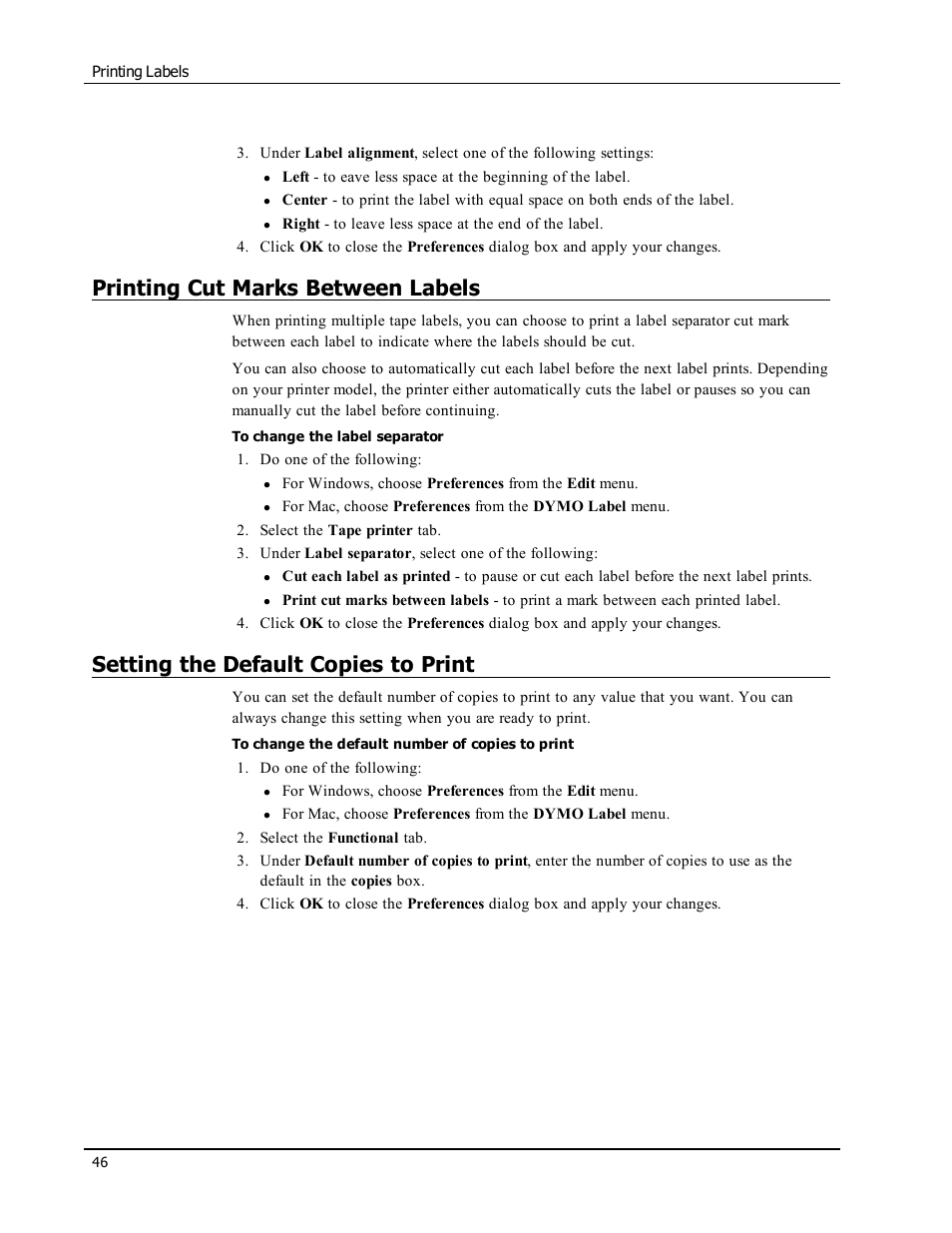 Printing cut marks between labels, Setting the default copies to print | Dymo LabelWriter 450 Turbo Software Manual User Manual | Page 54 / 118