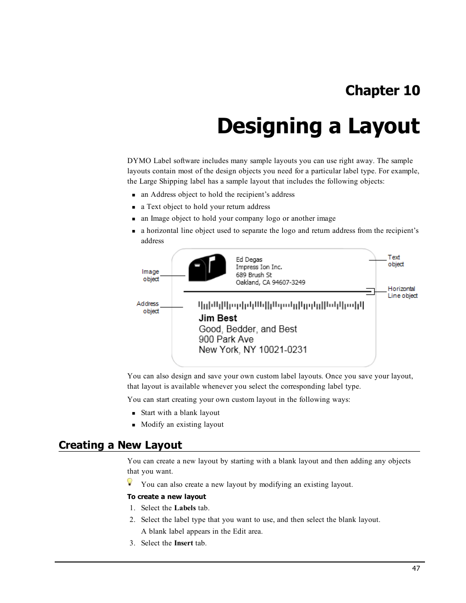 Designing a layout, Creating a new layout, Chapter 10 | Dymo LabelWriter 450 Turbo Software Manual User Manual | Page 55 / 118