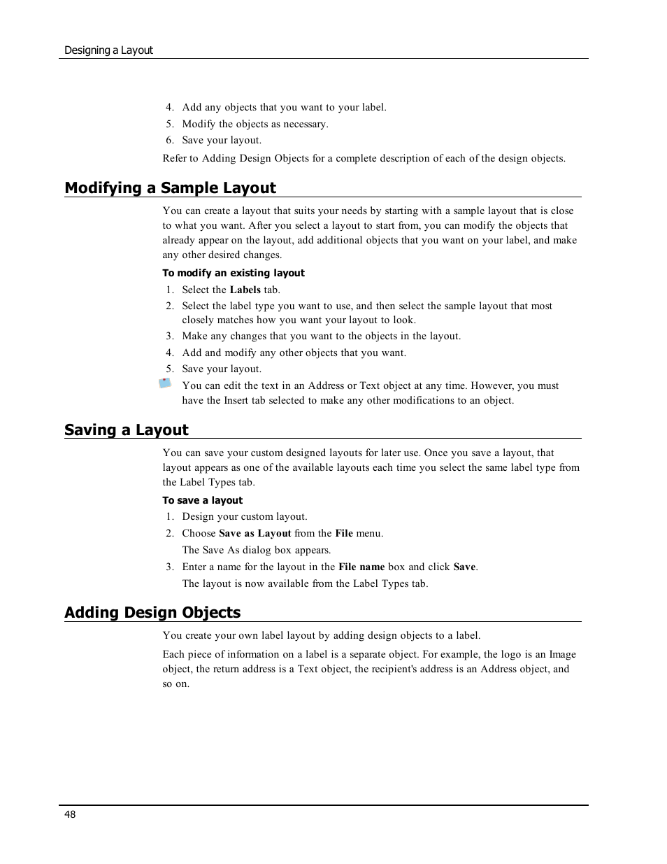 Modifying a sample layout, Saving a layout, Adding design objects | Dymo LabelWriter 450 Turbo Software Manual User Manual | Page 56 / 118