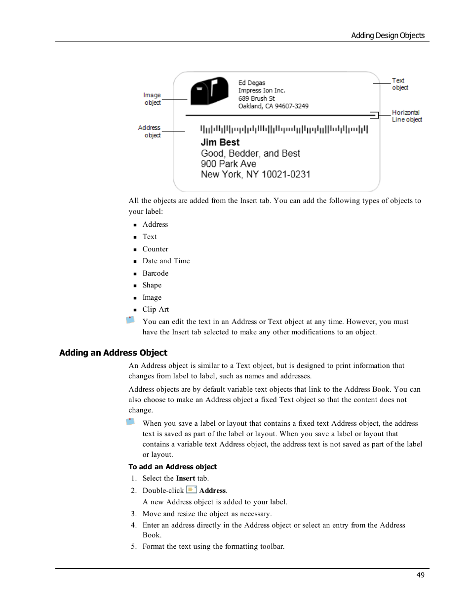 Adding an address object | Dymo LabelWriter 450 Turbo Software Manual User Manual | Page 57 / 118