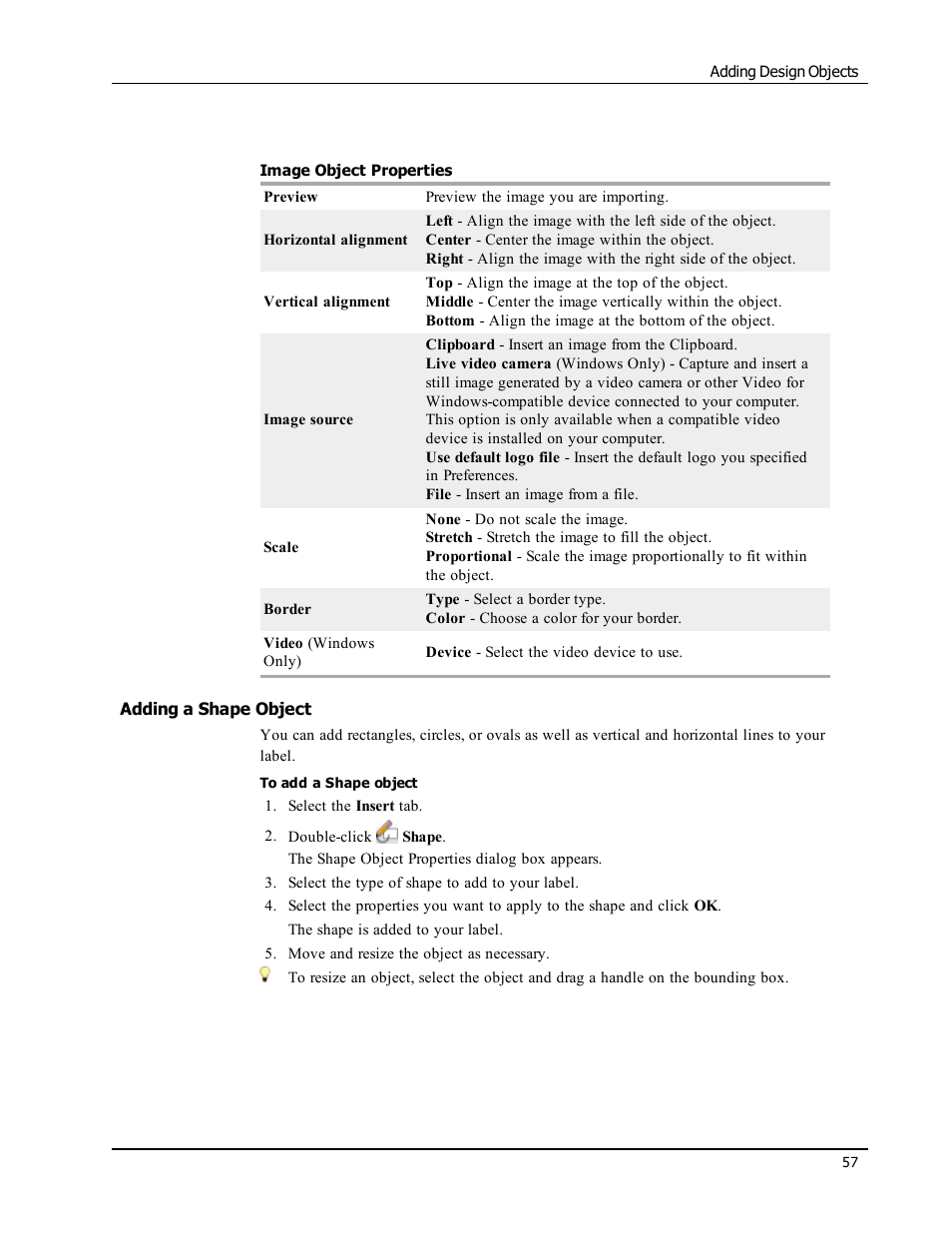 Adding a shape object, Shape | Dymo LabelWriter 450 Turbo Software Manual User Manual | Page 65 / 118