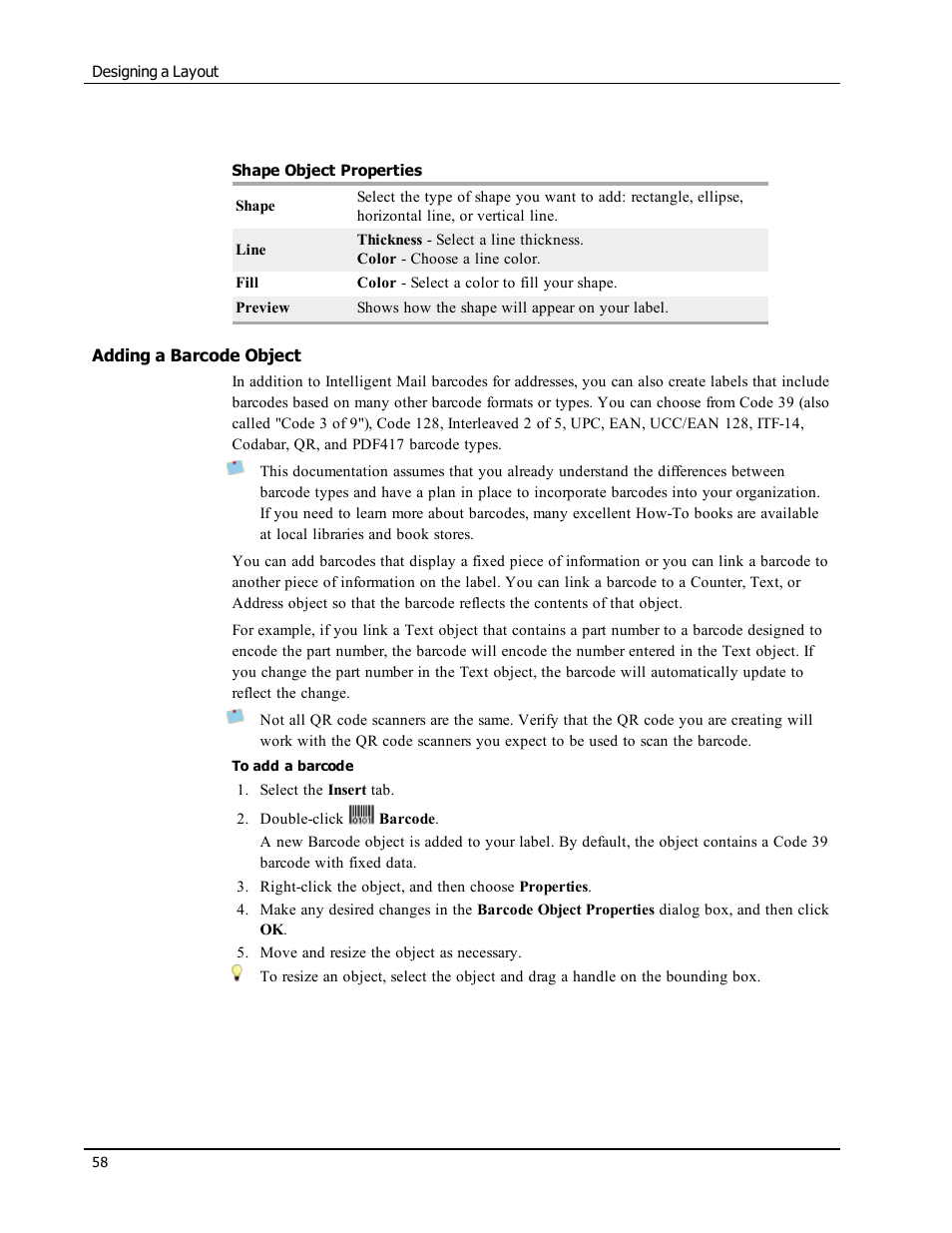 Adding a barcode object, Barcode | Dymo LabelWriter 450 Turbo Software Manual User Manual | Page 66 / 118