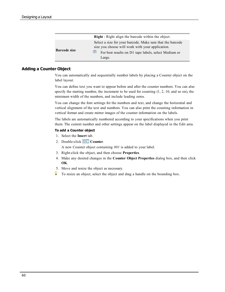 Adding a counter object, Counter | Dymo LabelWriter 450 Turbo Software Manual User Manual | Page 68 / 118