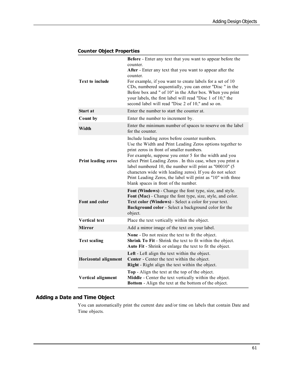 Adding a date and time object, Date and time | Dymo LabelWriter 450 Turbo Software Manual User Manual | Page 69 / 118