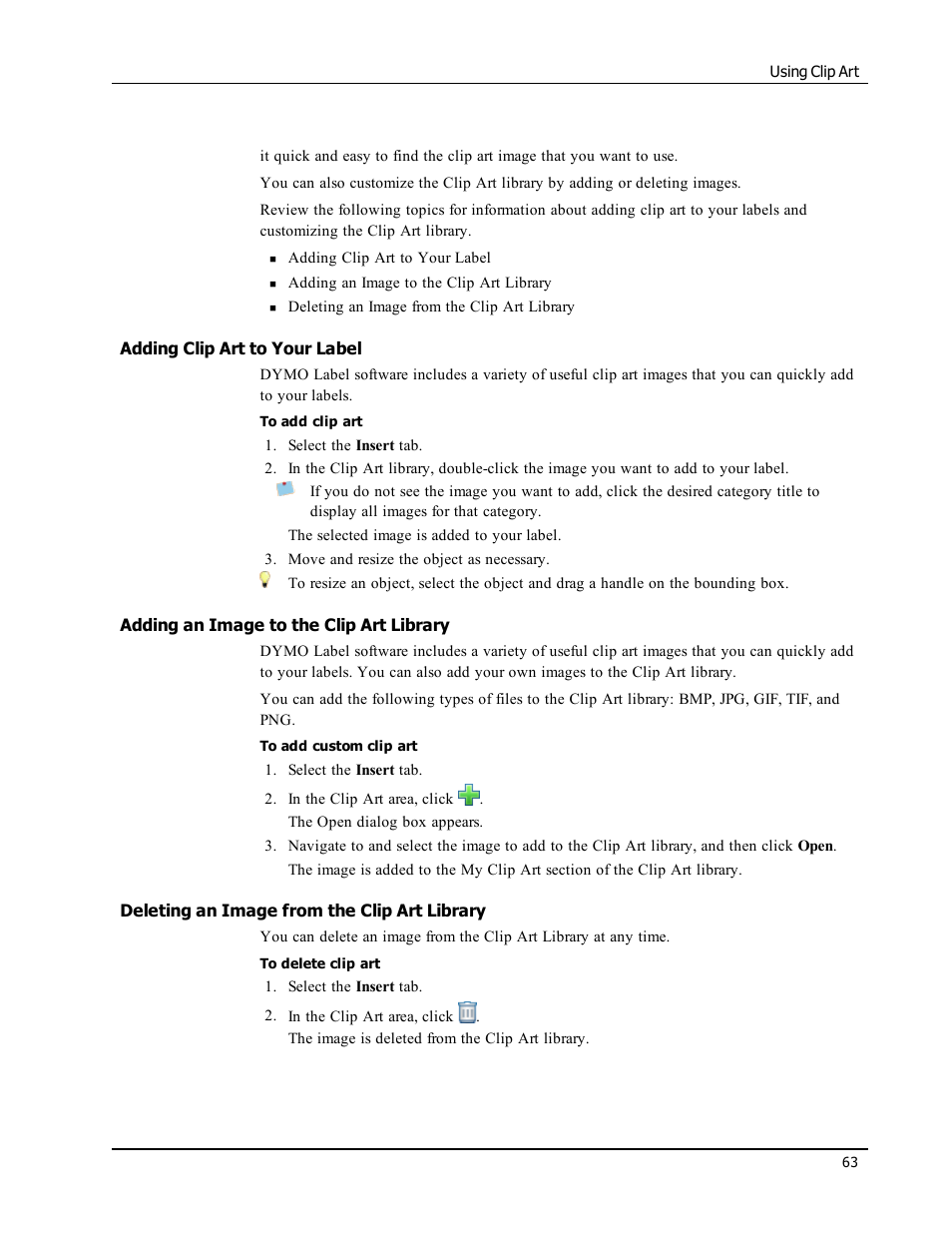 Adding clip art to your label, Adding an image to the clip art library, Deleting an image from the clip art library | Add clip art to your label, Clip art | Dymo LabelWriter 450 Turbo Software Manual User Manual | Page 71 / 118