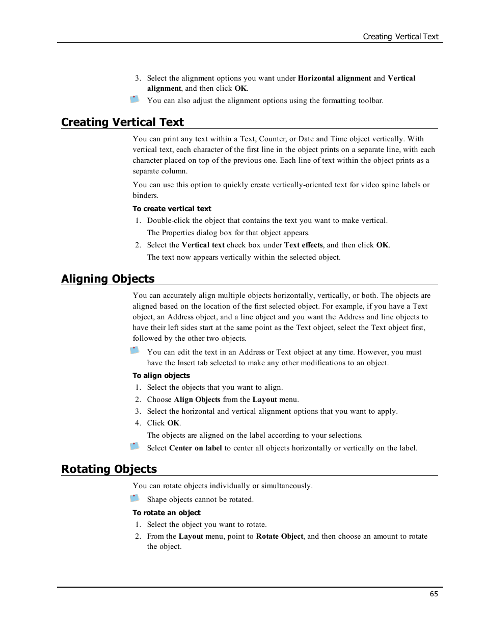 Creating vertical text, Aligning objects, Rotating objects | Add vertical text to your label | Dymo LabelWriter 450 Turbo Software Manual User Manual | Page 73 / 118