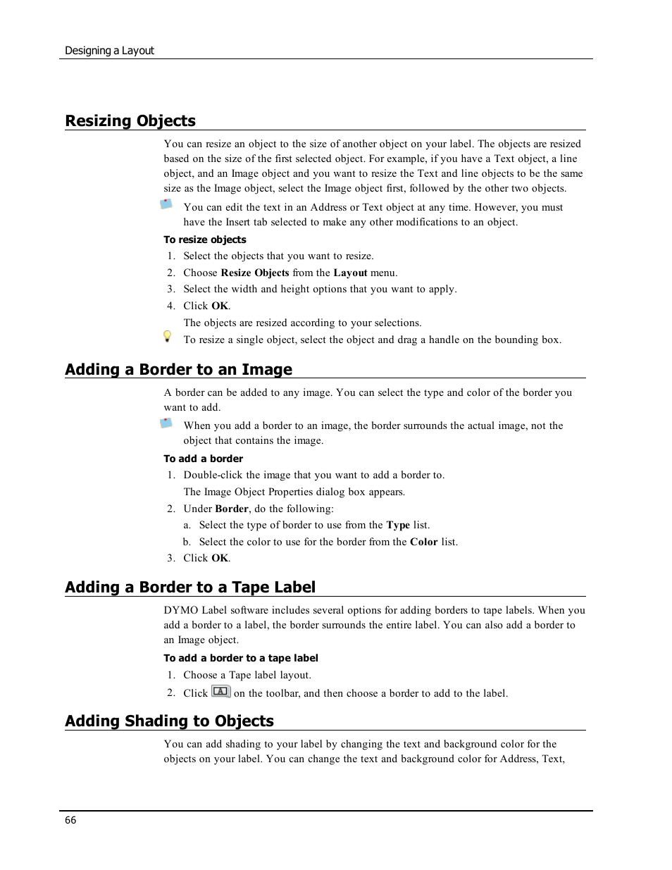 Resizing objects, Adding a border to an image, Adding a border to a tape label | Adding shading to objects, Add a border to an image, Add a border to your label, Add shading to your label | Dymo LabelWriter 450 Turbo Software Manual User Manual | Page 74 / 118