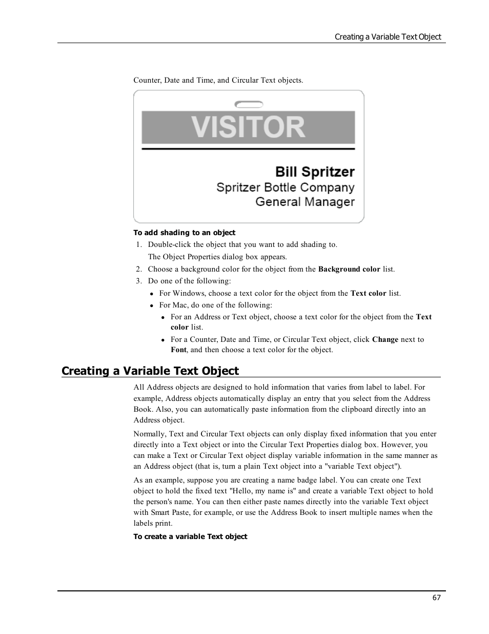 Creating a variable text object, Variable text objects | Dymo LabelWriter 450 Turbo Software Manual User Manual | Page 75 / 118