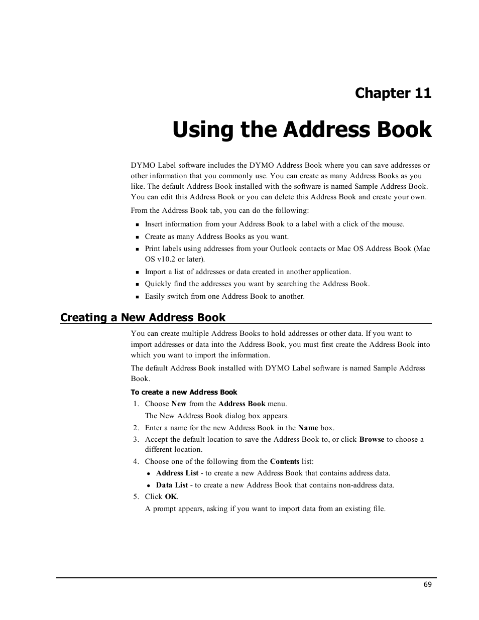 Using the address book, Creating a new address book, Chapter 11 | Dymo LabelWriter 450 Turbo Software Manual User Manual | Page 77 / 118