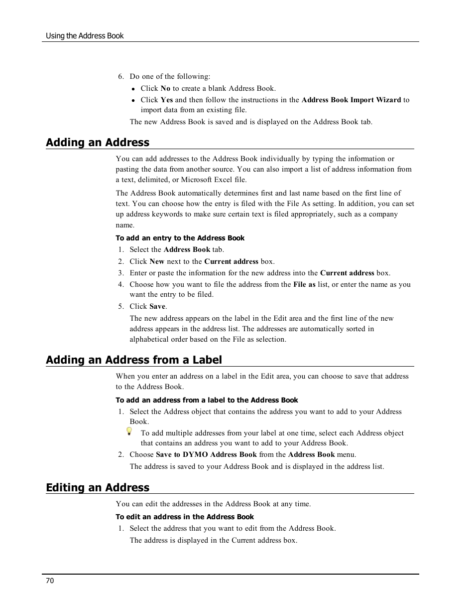 Adding an address, Adding an address from a label, Editing an address | Dymo LabelWriter 450 Turbo Software Manual User Manual | Page 78 / 118