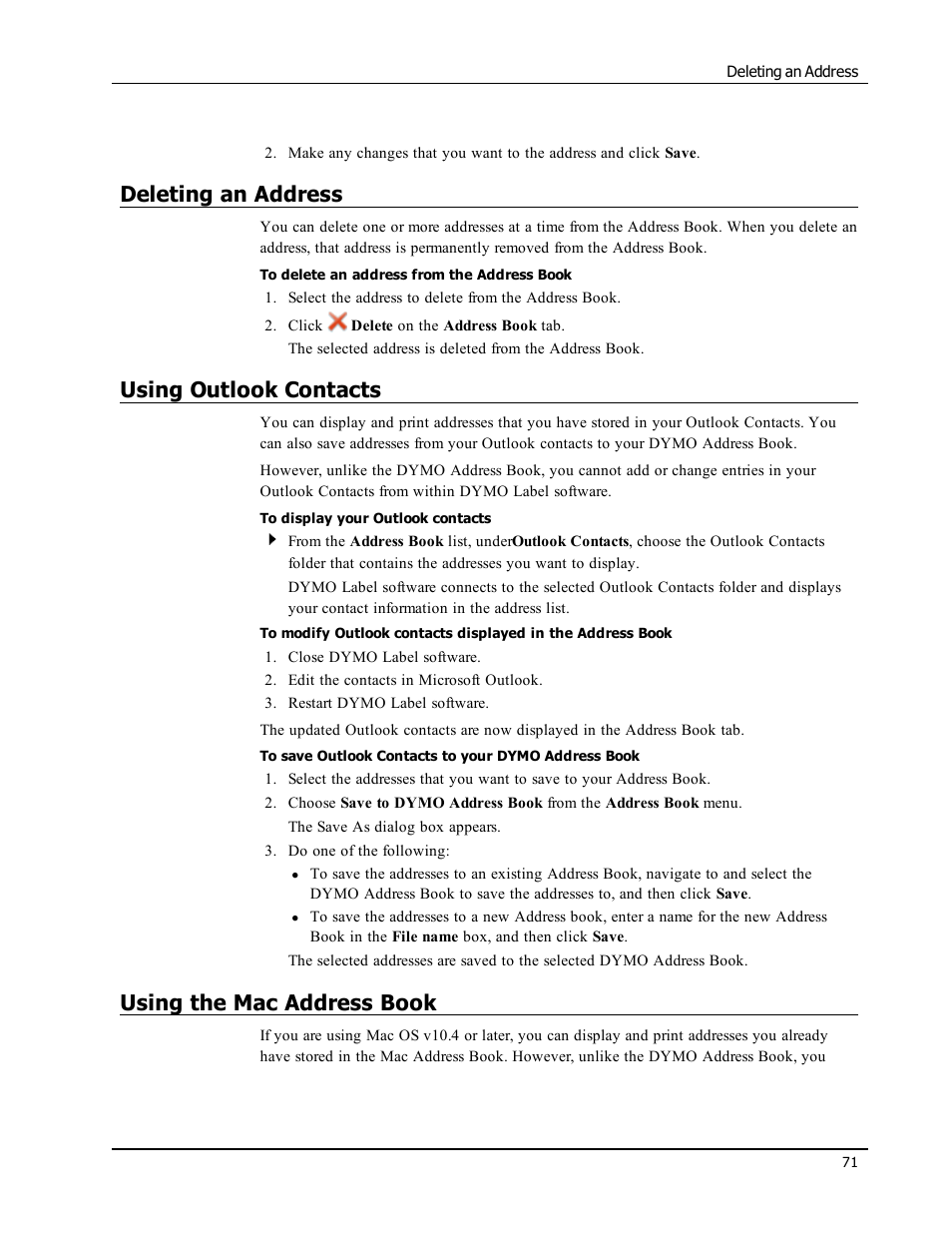 Deleting an address, Using outlook contacts, Using the mac address book | Dymo LabelWriter 450 Turbo Software Manual User Manual | Page 79 / 118