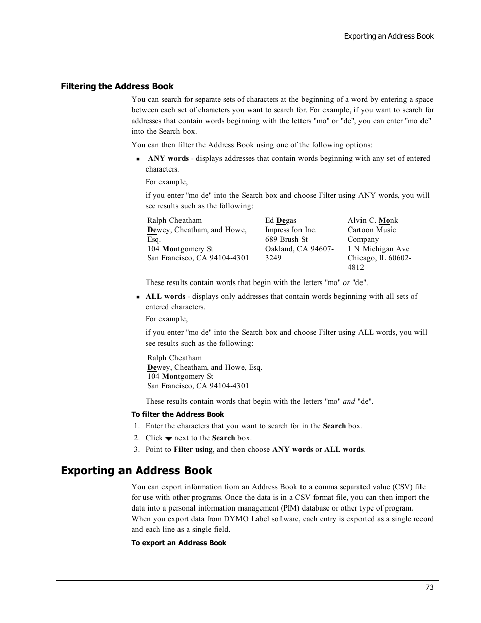 Filtering the address book, Exporting an address book | Dymo LabelWriter 450 Turbo Software Manual User Manual | Page 81 / 118