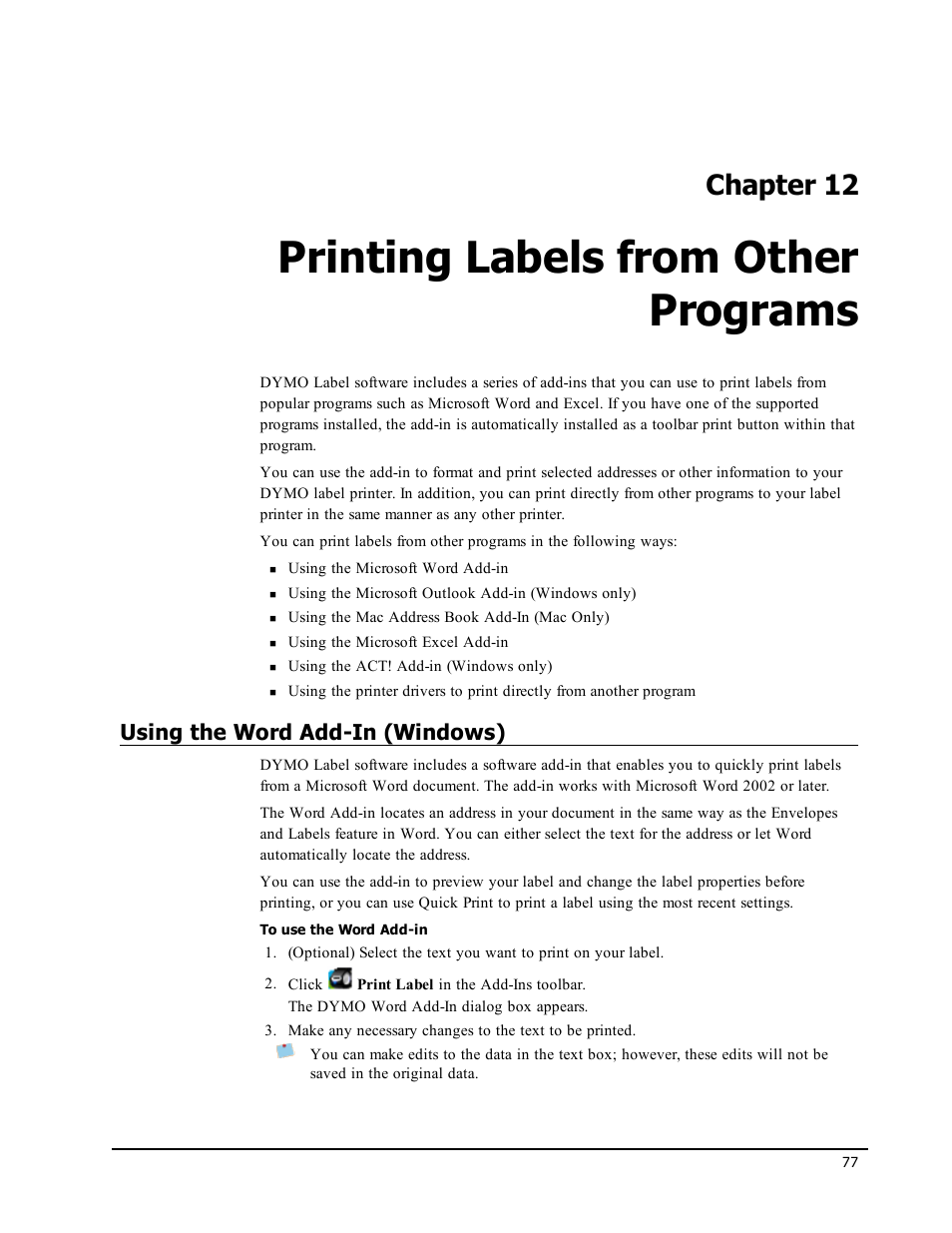 Printing labels from other programs, Using the word add-in (windows), Chapter 12 | Dymo LabelWriter 450 Turbo Software Manual User Manual | Page 85 / 118