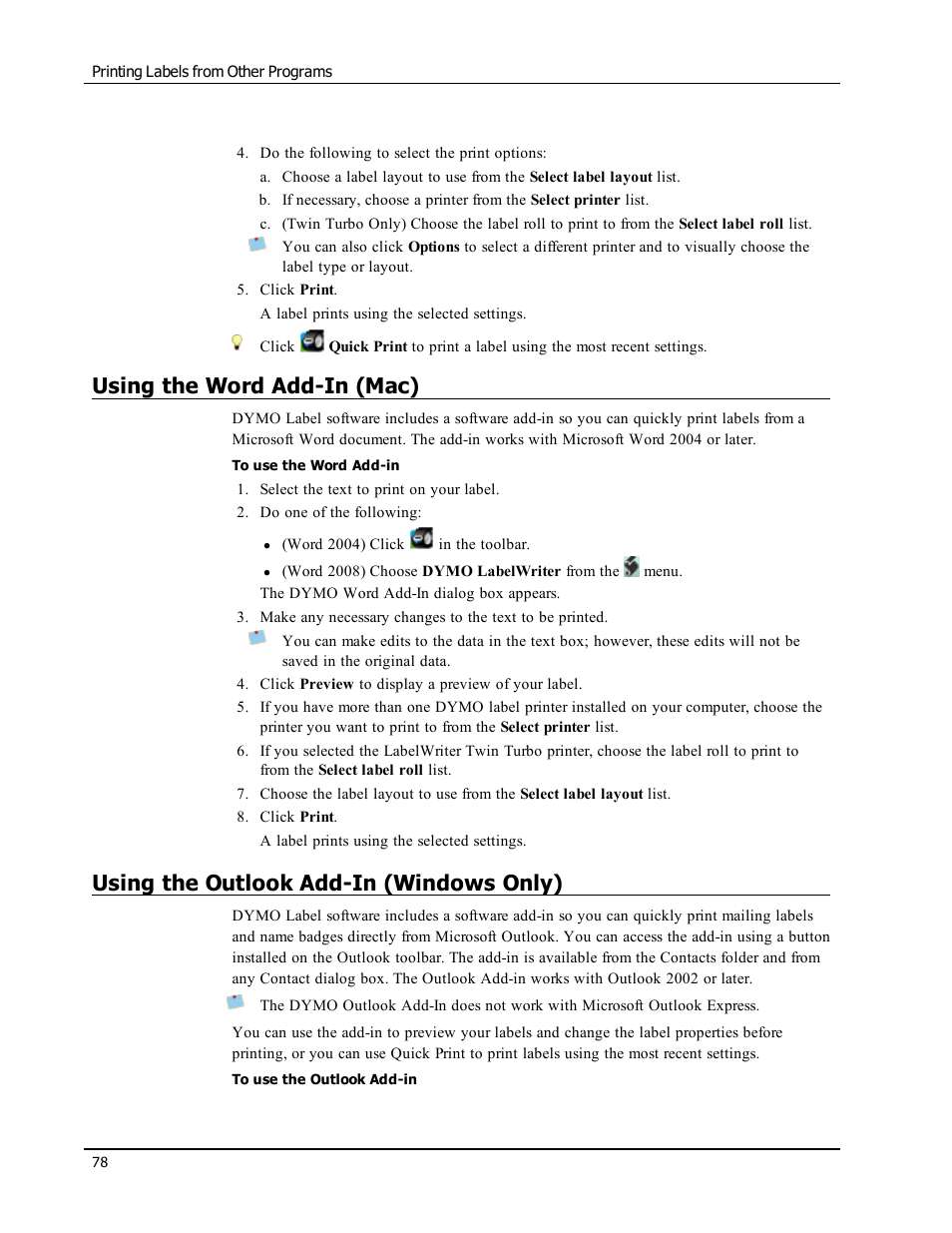 Using the word add-in (mac), Using the outlook add-in (windows only), Using the microsoft outlook add-in (windows only) | Dymo LabelWriter 450 Turbo Software Manual User Manual | Page 86 / 118