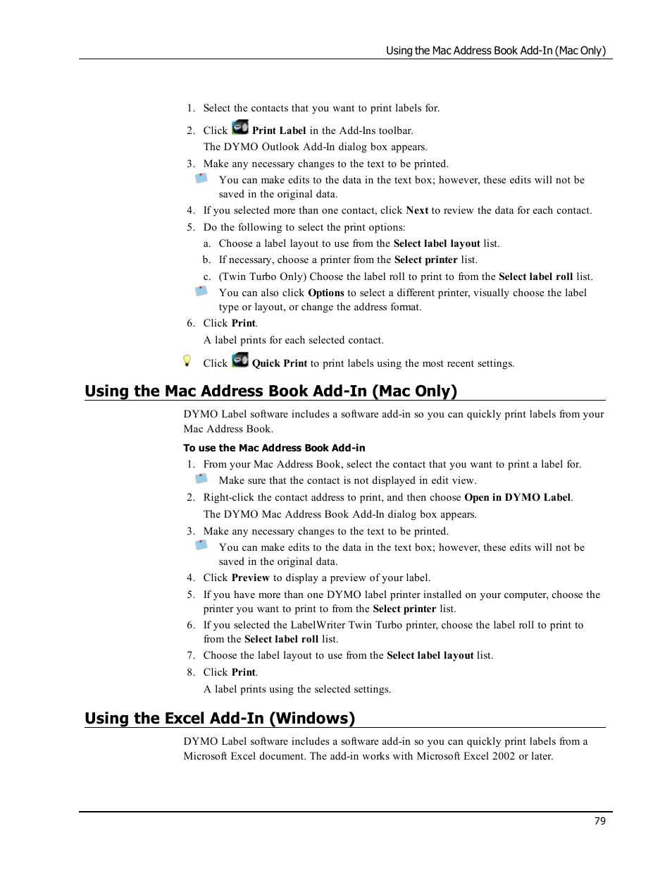 Using the mac address book add-in (mac only), Using the excel add-in (windows), Using the microsoft excel add-in | Dymo LabelWriter 450 Turbo Software Manual User Manual | Page 87 / 118