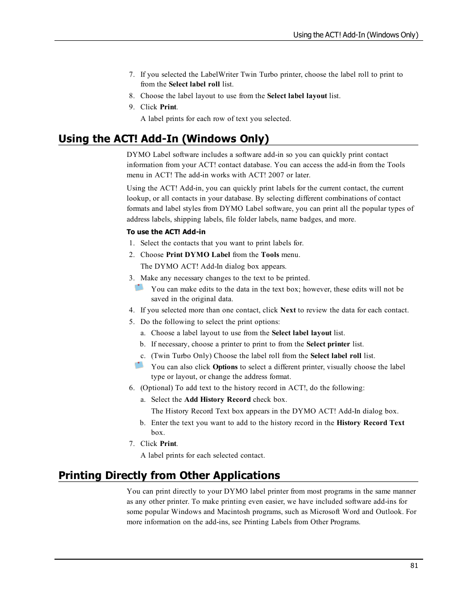 Using the act! add-in (windows only), Printing directly from other applications | Dymo LabelWriter 450 Turbo Software Manual User Manual | Page 89 / 118