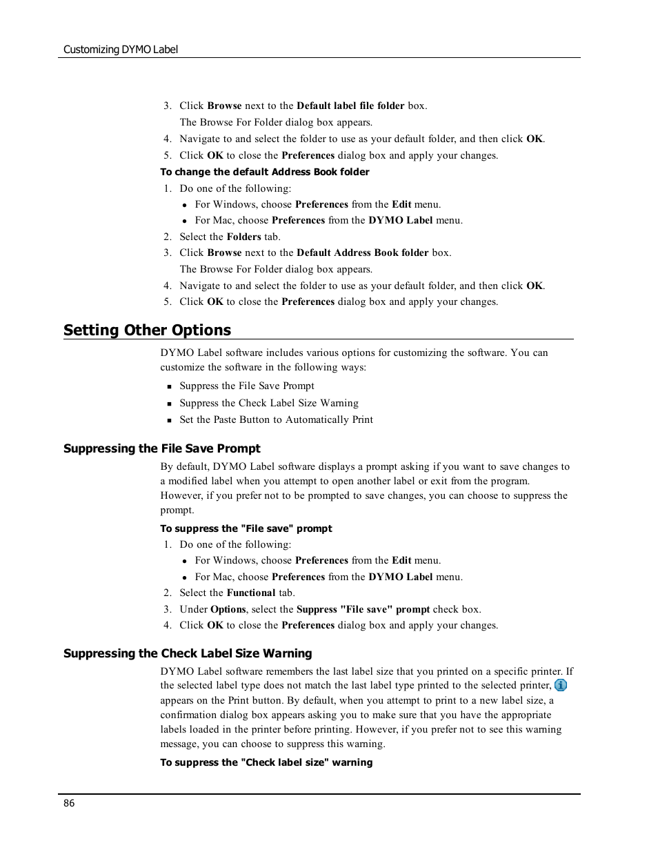 Setting other options, Suppressing the file save prompt, Suppressing the check label size warning | Set other options | Dymo LabelWriter 450 Turbo Software Manual User Manual | Page 94 / 118