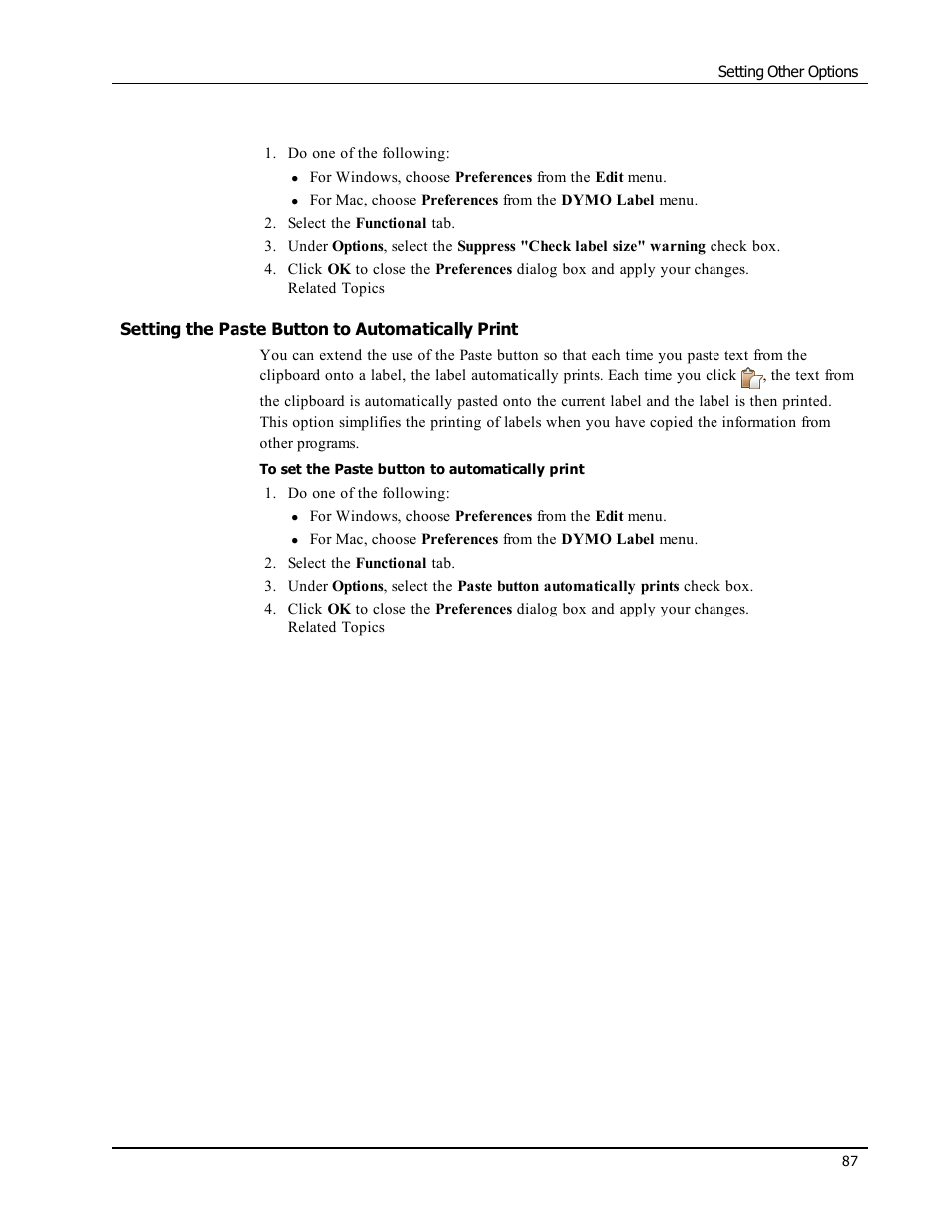 Setting the paste button to automatically print | Dymo LabelWriter 450 Turbo Software Manual User Manual | Page 95 / 118