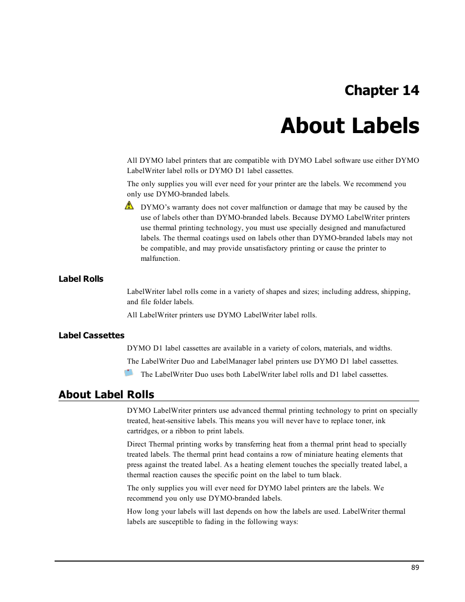 About labels, Label rolls, Label cassettes | About label rolls, Chapter 14 | Dymo LabelWriter 450 Turbo Software Manual User Manual | Page 97 / 118