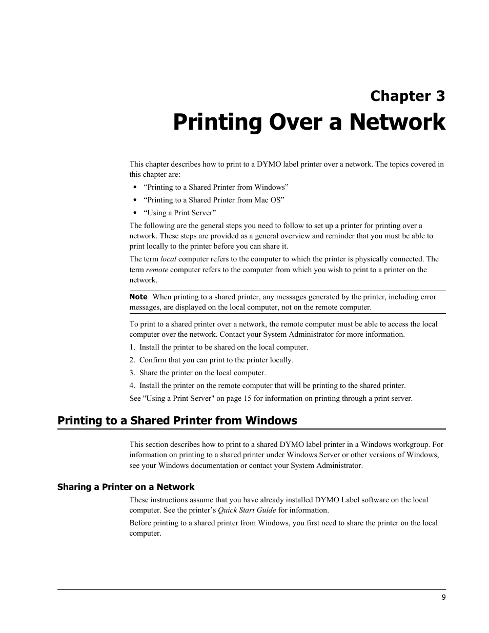 Printing over a network, Printing to a shared printer from windows, Sharing a printer on a network | Chapter 3 | Dymo LabelWriter 450 Turbo Hardware Manual User Manual | Page 13 / 29