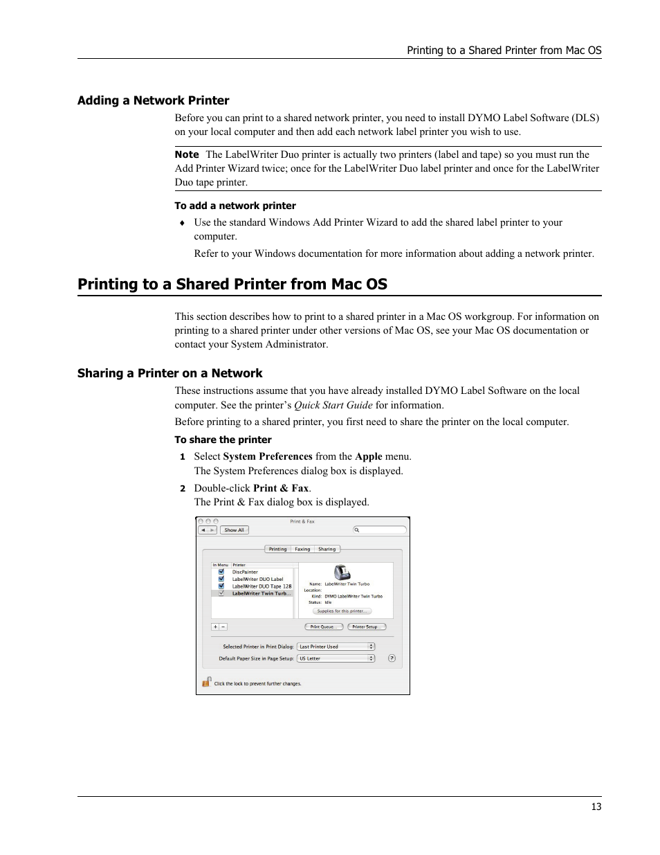 Adding a network printer, Printing to a shared printer from mac os, Sharing a printer on a network | Dymo LabelWriter 450 Turbo Hardware Manual User Manual | Page 17 / 29