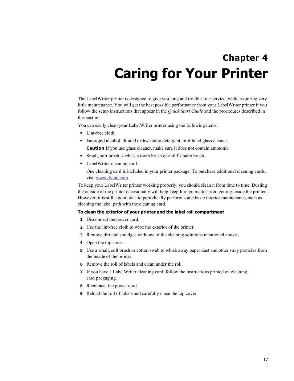 Caring for your printer, Chapter 4 | Dymo LabelWriter 450 Turbo Hardware Manual User Manual | Page 21 / 29