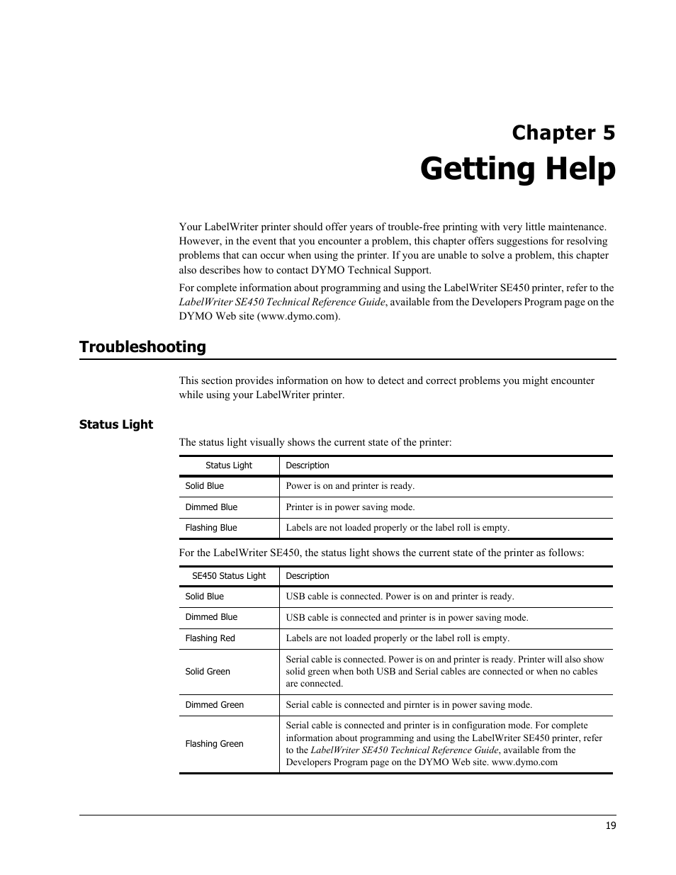 Getting help, Troubleshooting, Status light | Chapter 5 | Dymo LabelWriter 450 Turbo Hardware Manual User Manual | Page 23 / 29