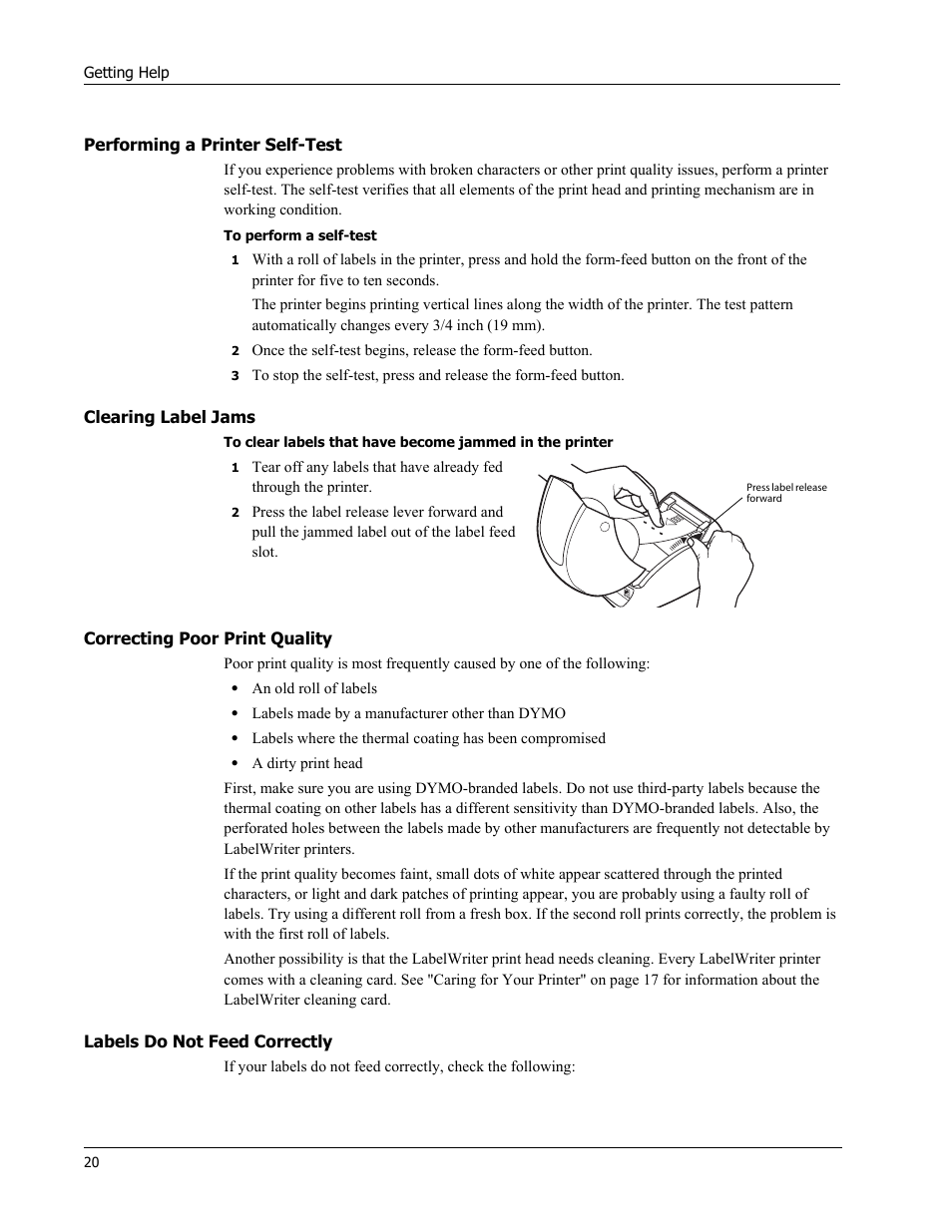 Performing a printer self-test, Clearing label jams, Correcting poor print quality | Labels do not feed correctly | Dymo LabelWriter 450 Turbo Hardware Manual User Manual | Page 24 / 29