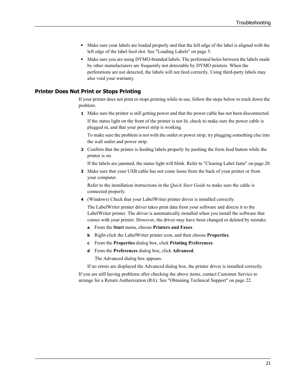 Printer does not print or stops printing | Dymo LabelWriter 450 Turbo Hardware Manual User Manual | Page 25 / 29