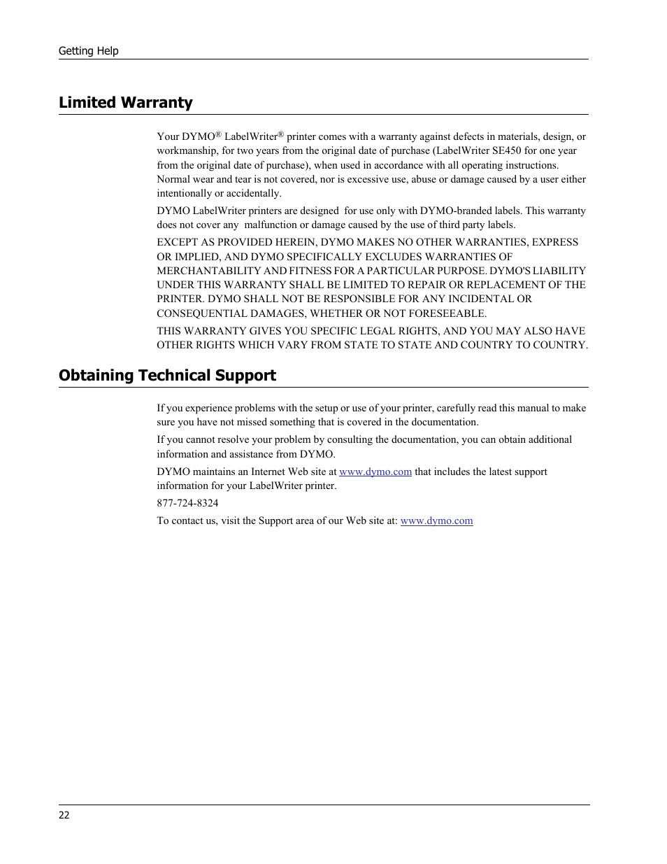 Limited warranty, Obtaining technical support | Dymo LabelWriter 450 Turbo Hardware Manual User Manual | Page 26 / 29