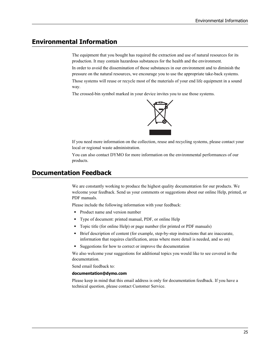 Environmental information, Documentation feedback | Dymo LabelWriter 450 Turbo Hardware Manual User Manual | Page 29 / 29