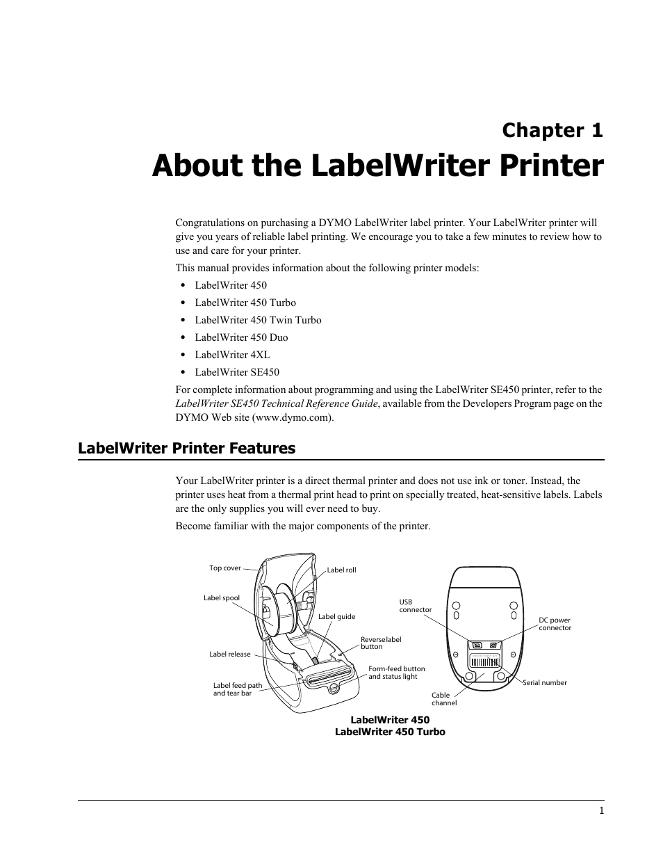 About the labelwriter printer, Labelwriter printer features, Chapter 1 | Dymo LabelWriter 450 Turbo Hardware Manual User Manual | Page 5 / 29