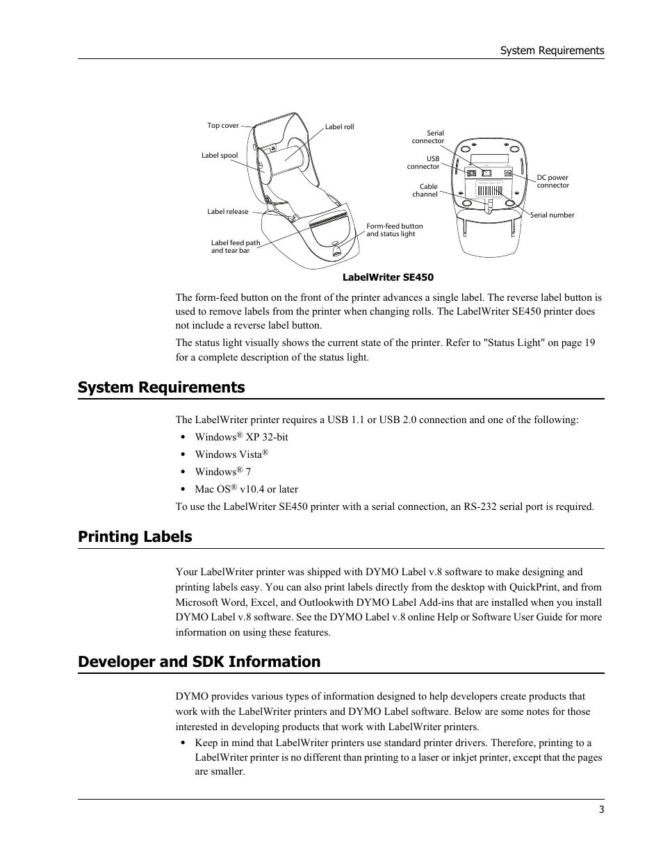 System requirements, Printing labels, Developer and sdk information | Dymo LabelWriter 450 Turbo Hardware Manual User Manual | Page 7 / 29