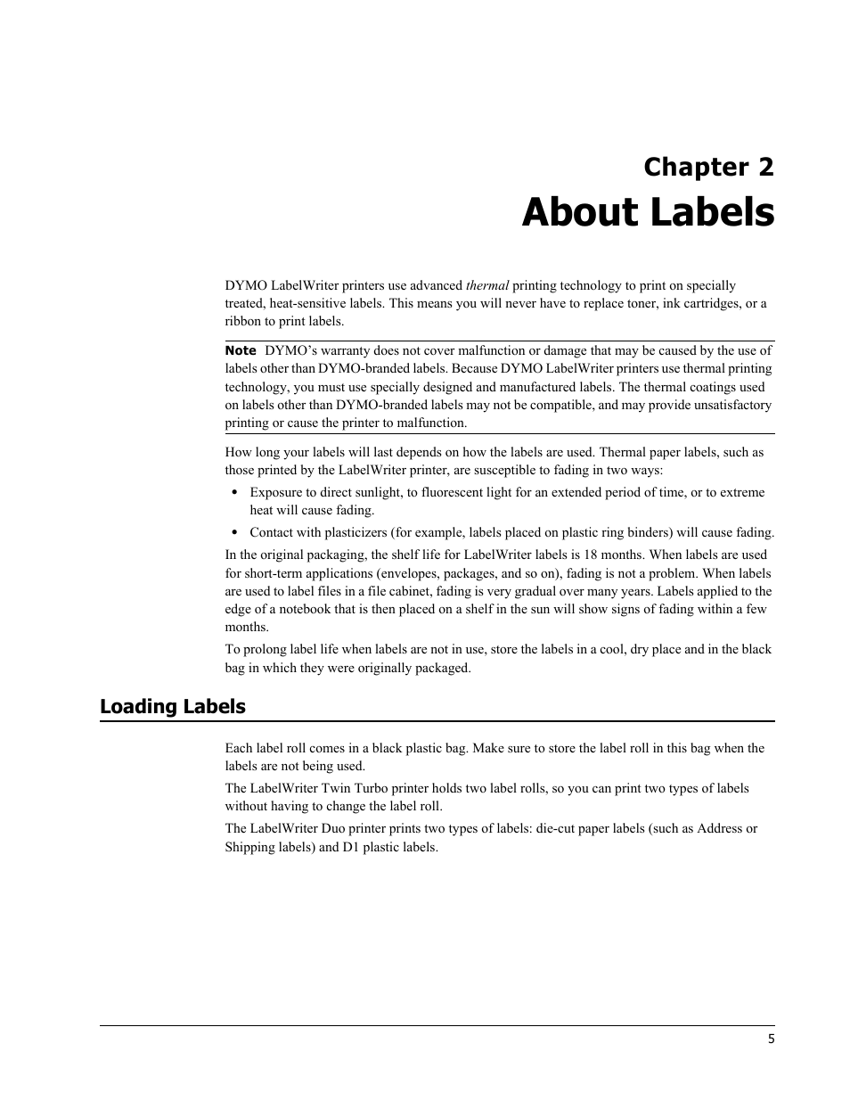 About labels, Loading labels, Chapter 2 | Dymo LabelWriter 450 Turbo Hardware Manual User Manual | Page 9 / 29